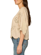 Democracy Womens Three Quarter Sleeve Boat Neck Woven Top with Soutache Embroidery
