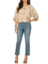 Democracy Womens Three Quarter Sleeve Boat Neck Woven Top with Soutache Embroidery