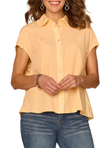 Democracy Womens Short Sleeve Ruffle Collar Button Down Textured Dot Woven Top