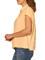 Democracy Womens Short Sleeve Ruffle Collar Button Down Textured Dot Woven Top