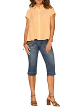 Democracy Womens Short Sleeve Ruffle Collar Button Down Textured Dot Woven Top