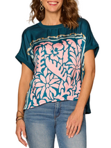 Democracy Womens Extended Short Sleeve Scoop Neck Placement Print Mixed Media Knit Top