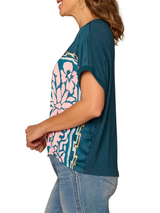 Democracy Womens Extended Short Sleeve Scoop Neck Placement Print Mixed Media Knit Top