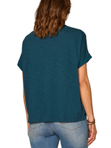 Democracy Womens Extended Short Sleeve Scoop Neck Placement Print Mixed Media Knit Top