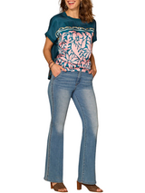 Democracy Womens Extended Short Sleeve Scoop Neck Placement Print Mixed Media Knit Top