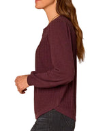 Democracy Womens Long Blouson Sleeve Mandarin Collar Half Placket Mixed Media Knit Top
