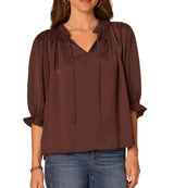 Democracy Womens Three Quarter Sleeve Honeycomb Embroidered Split Neck Woven Top