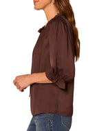 Democracy Womens Three Quarter Sleeve Honeycomb Embroidered Split Neck Woven Top