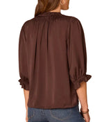 Democracy Womens Three Quarter Sleeve Honeycomb Embroidered Split Neck Woven Top