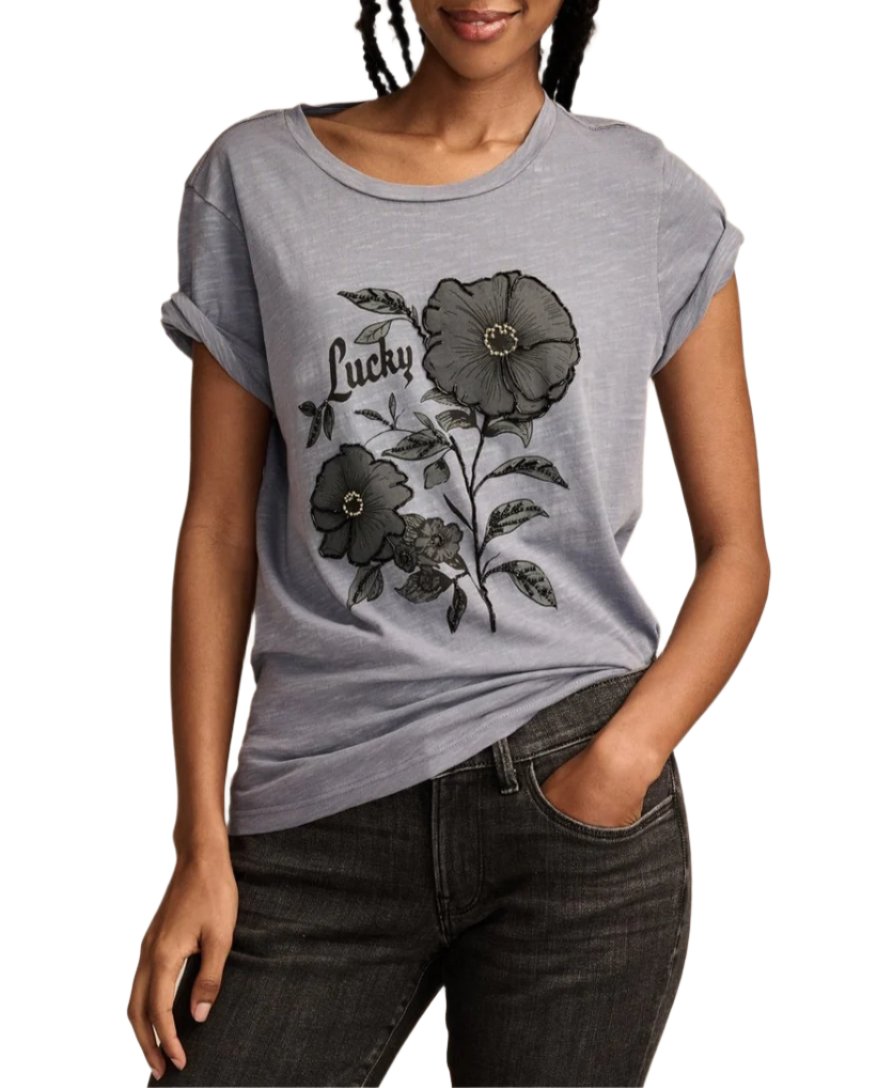 Lucky Brand Womens Beaded Lucky Floral T-Shirt