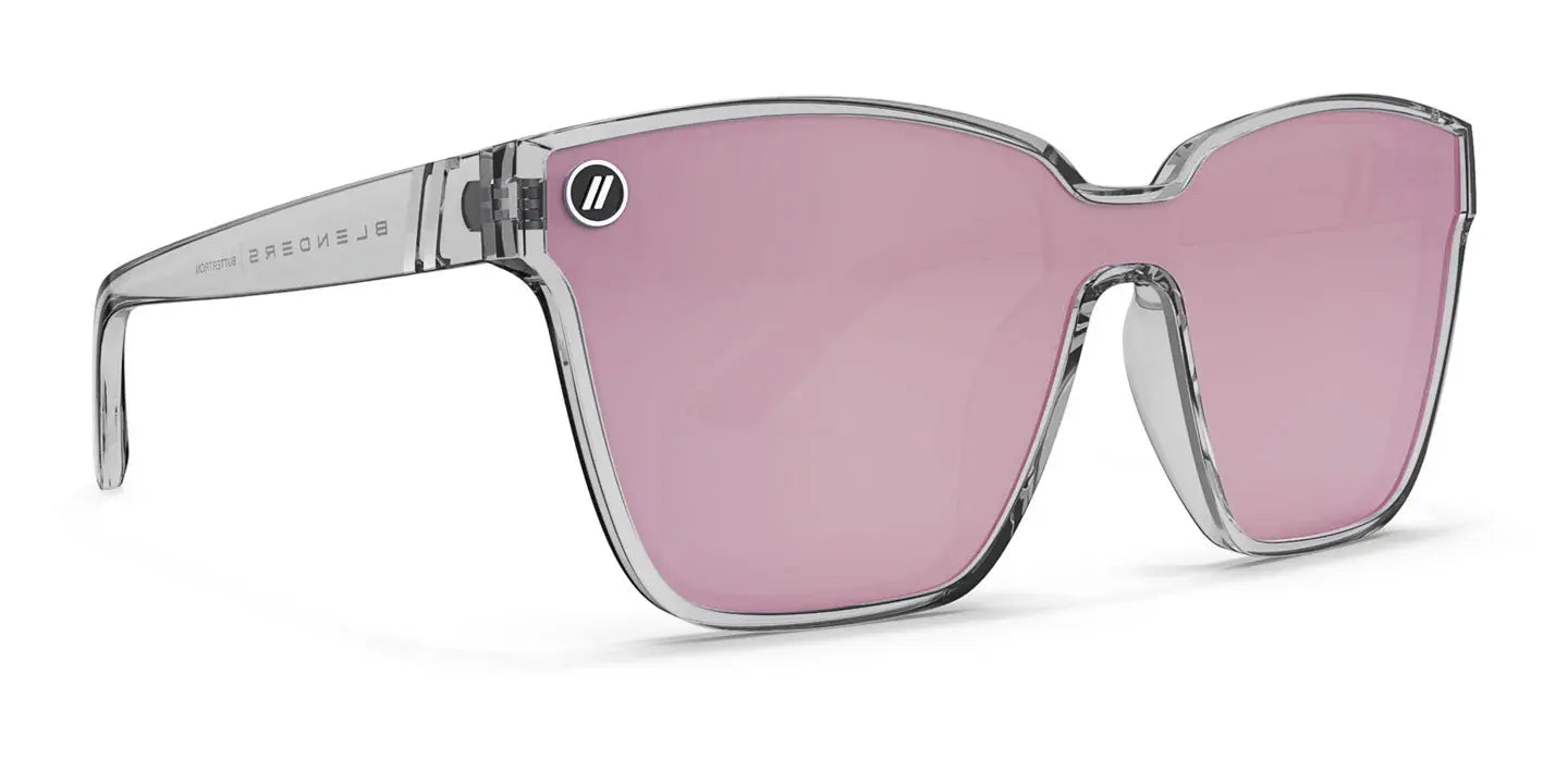 Blenders Eyewear Polarized Mirrored Prescription Sunglasses Dakota Mist Polarized Sunglasses Pink Shield Lens Grey Cat Eye