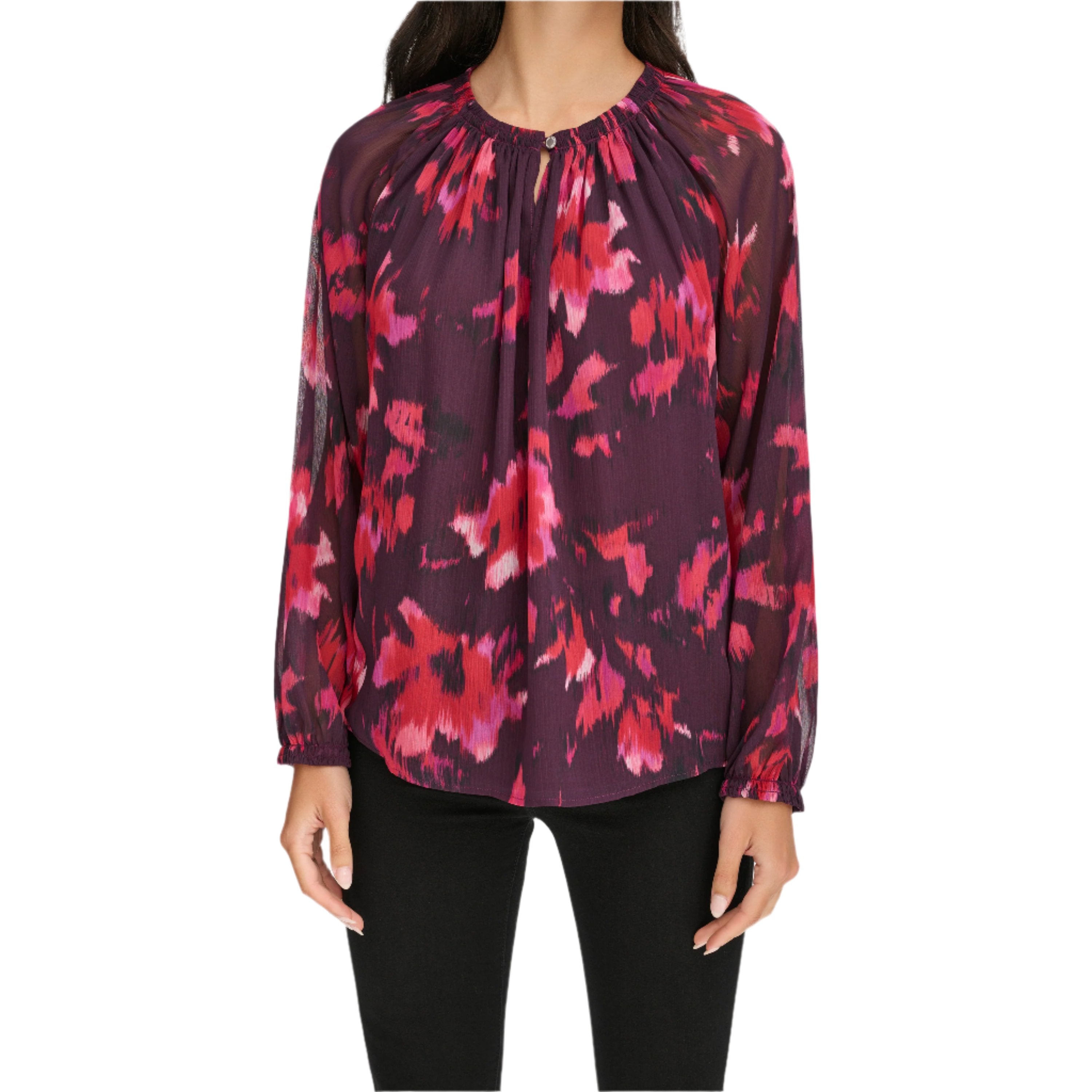 Calvin Klein Womens Printed Chiffon Long Sleeve Top