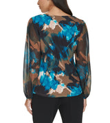 Calvin Klein Womens Printed Chiffon Asymmetrical Neck Long Sleeve Top