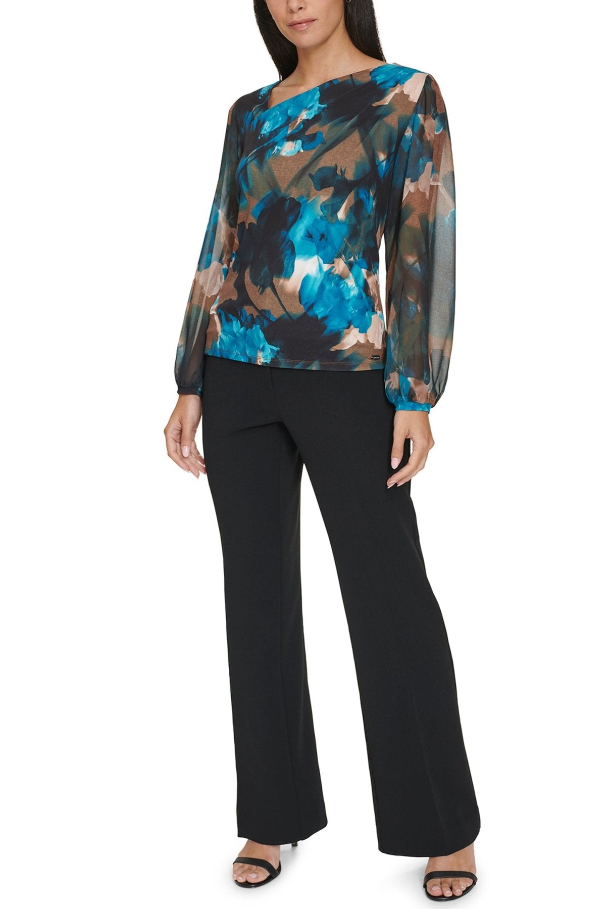 Calvin Klein Womens Printed Chiffon Asymmetrical Neck Long Sleeve Top