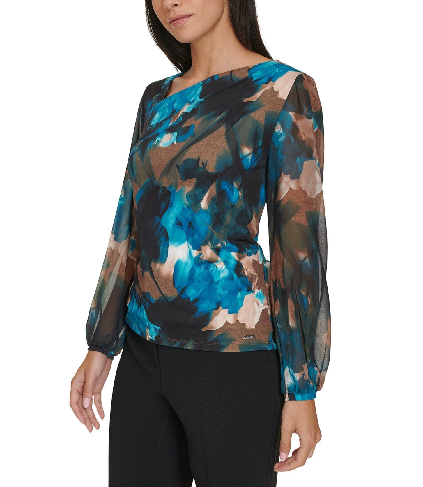 Calvin Klein Womens Printed Chiffon Asymmetrical Neck Long Sleeve Top