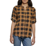 Calvin Klein Womens Printed Roll Sleeve Round Neck Blouse