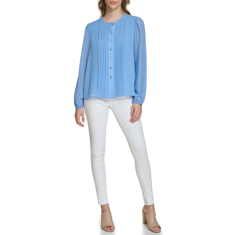 Calvin Klein Womens Solid Chiffon Long Sleeve Button Down Blouse