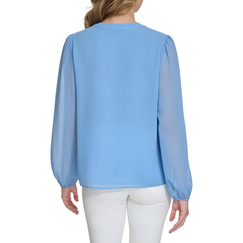 Calvin Klein Womens Solid Chiffon Long Sleeve Button Down Blouse