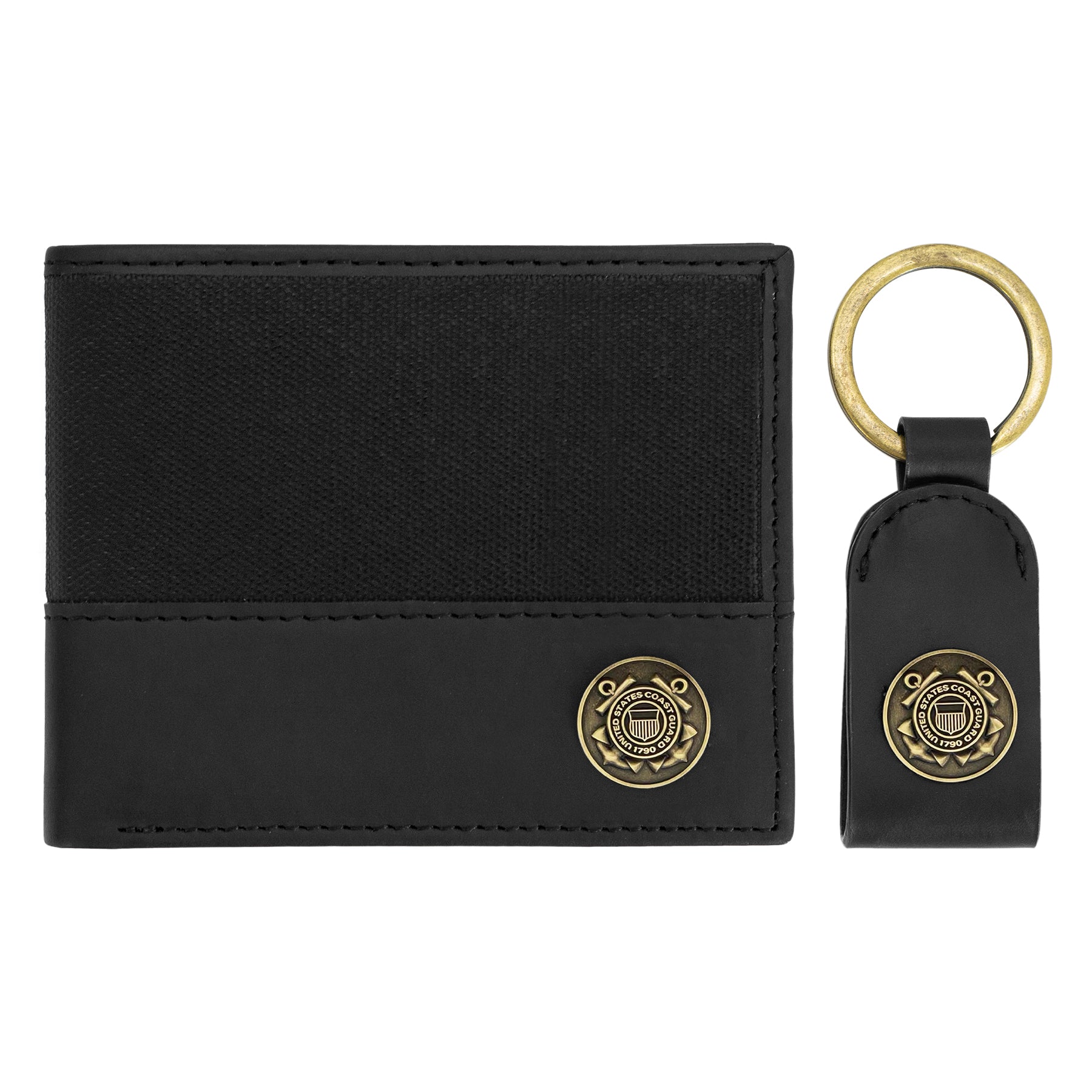 Licensed U.S. Coast Guard Mens Wax Canvas Bifold Wallet with Keychain Gift Set