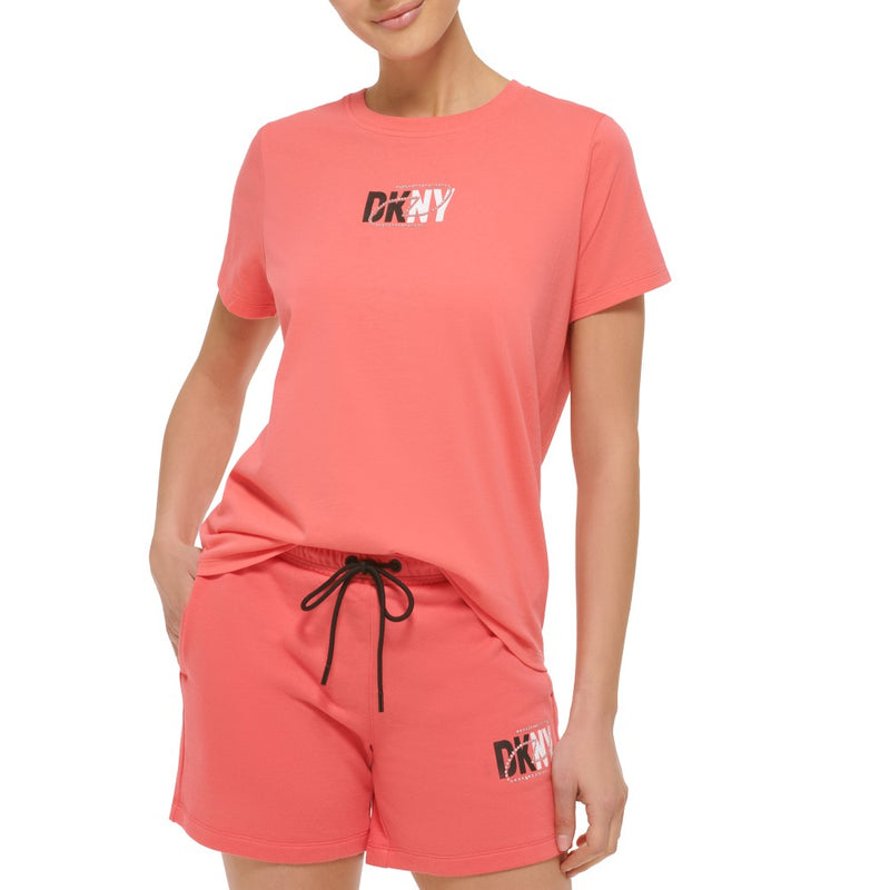 DKNY Womens Rhinestone Icon Logo Crew Neck Short Sleeve T-Shirt