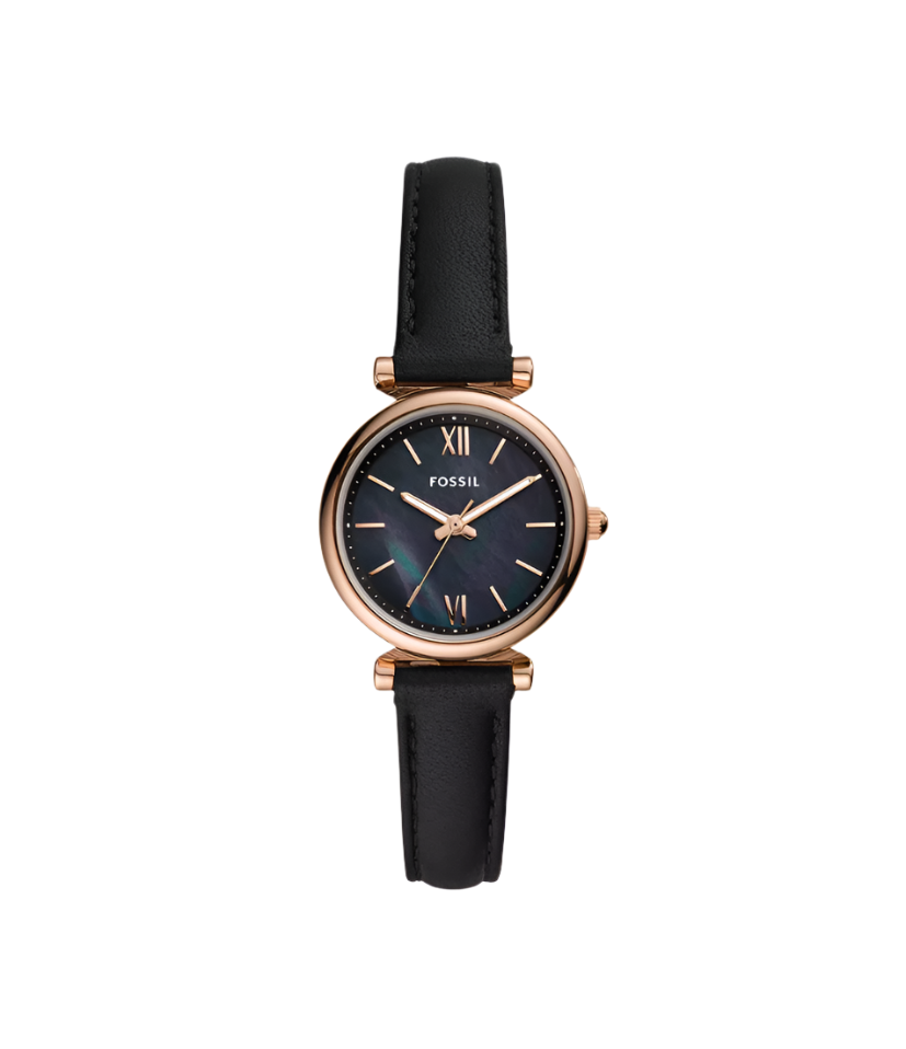 Fossil Womens Carlie Mini Three-Hand Black Leather Watch