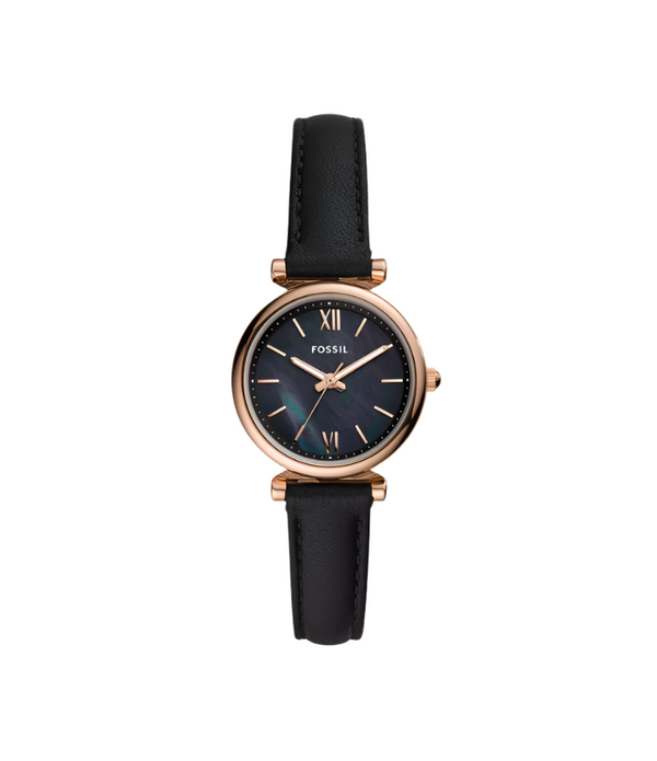Fossil Womens Carlie Mini Three-Hand Black Leather Watch
