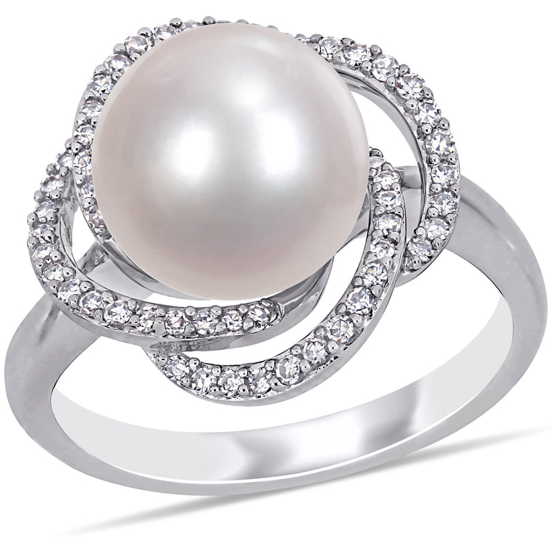 Sofia B Cultured Freshwater Pearl And 1/4 CT TW Diamond Swirl Ring - Size 7