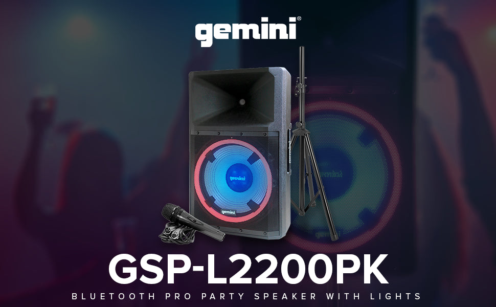 Gemini High Power Bluetooth Party Speaker with Party Lights, Microphone, and Speaker Stand