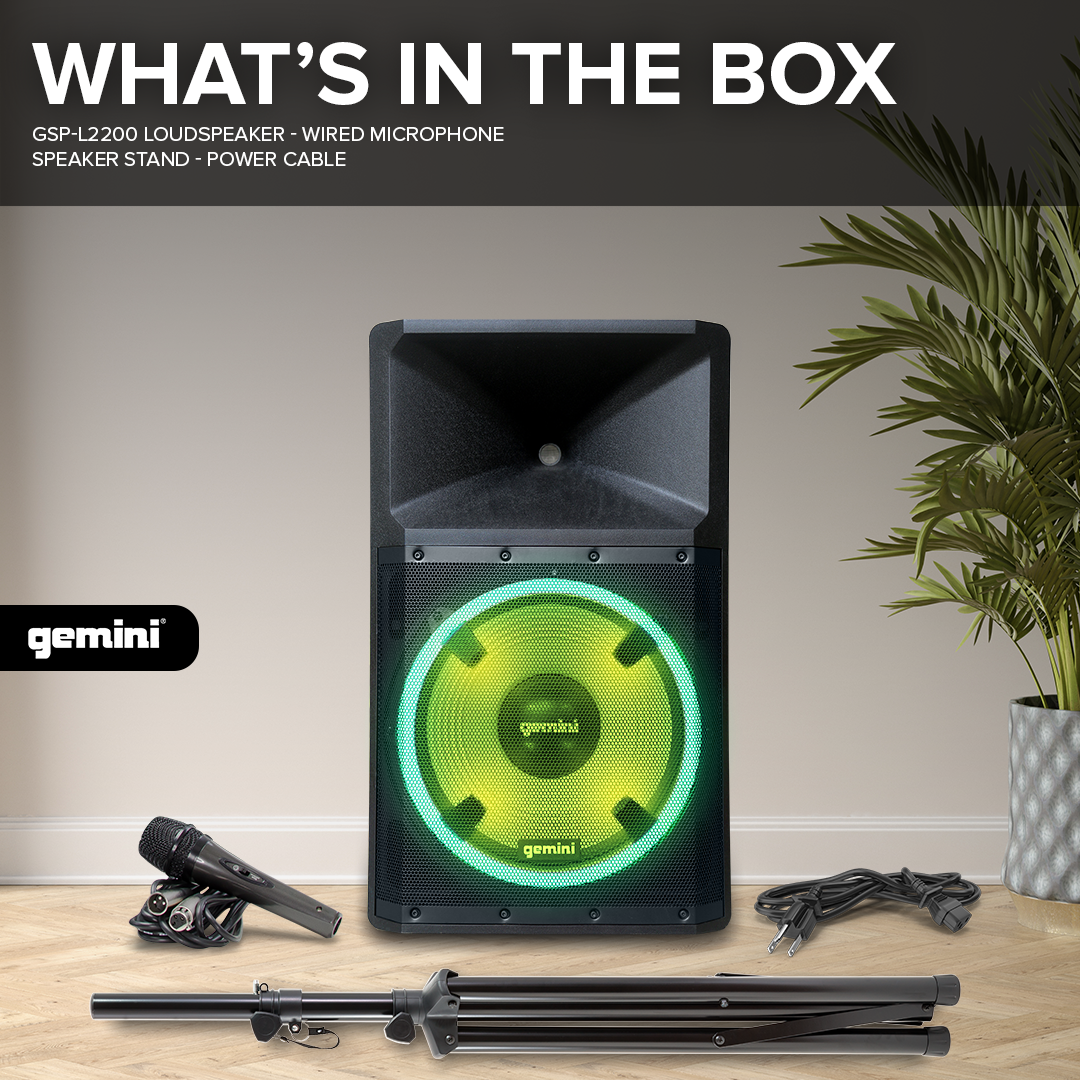 Gemini High Power Bluetooth Party Speaker with Party Lights, Microphone, and Speaker Stand