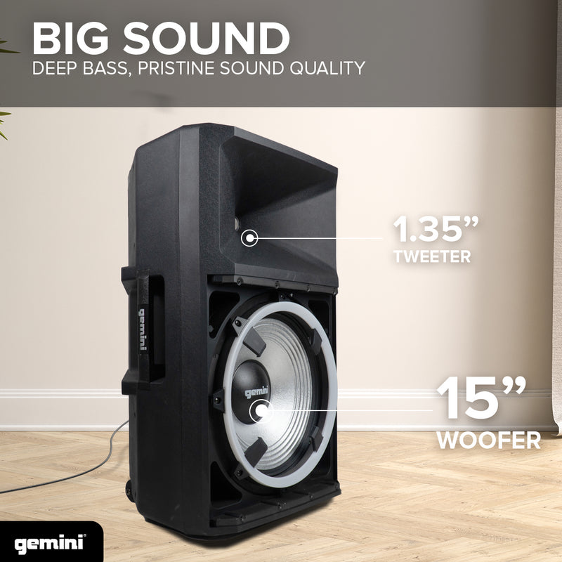 Gemini High Power Bluetooth Party Speaker with Party Lights, Microphone, and Speaker Stand