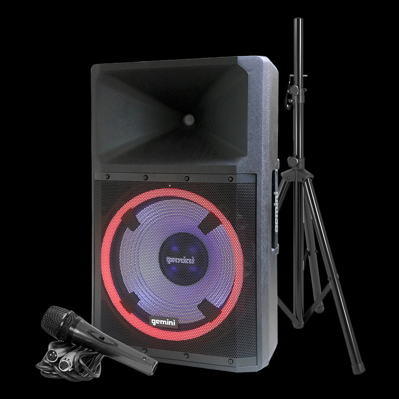 Gemini High Power Bluetooth Party Speaker with Party Lights, Microphone, and Speaker Stand