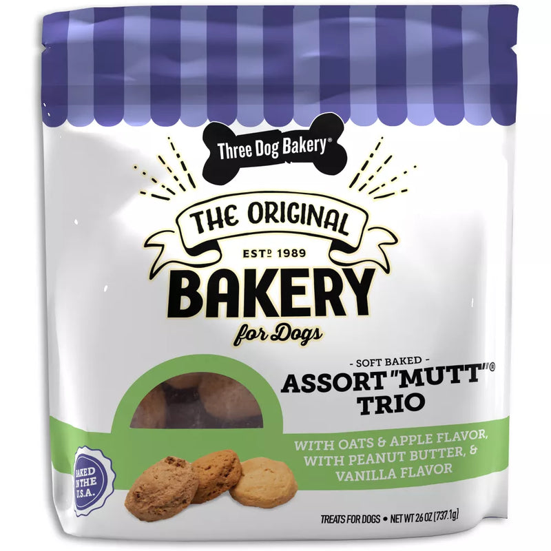 Three Dog Bakery Trio Chewy Peanut Butter, Carob and Vanilla Flavor Dog Treats - 26 oz.