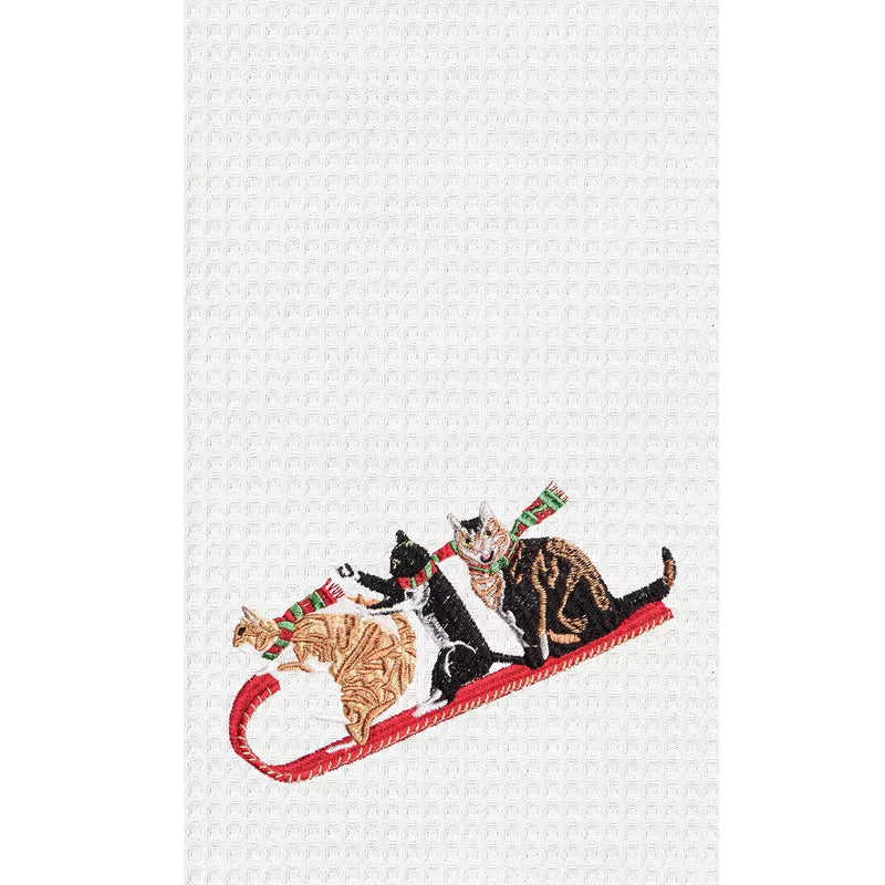 C&F Home Cats on Sled Tobogganing Embroidered Waffle Weave Kitchen Dish Towel