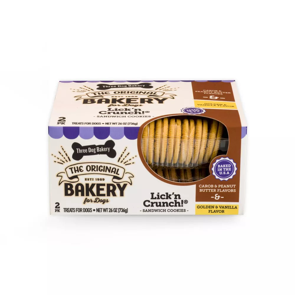 Three Dog Bakery Lick n' Crunch Carob with Peanut Butter Filling and Golden Vanilla Flavor Dog Treats - 26 oz.