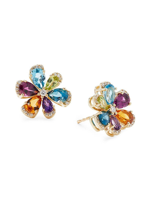 Effy 14K Yellow Gold Diamond & Multi-Stone Flower Stud Earrings