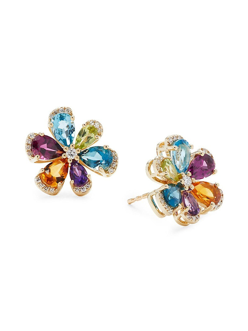 Effy 14K Yellow Gold Diamond & Multi-Stone Flower Stud Earrings