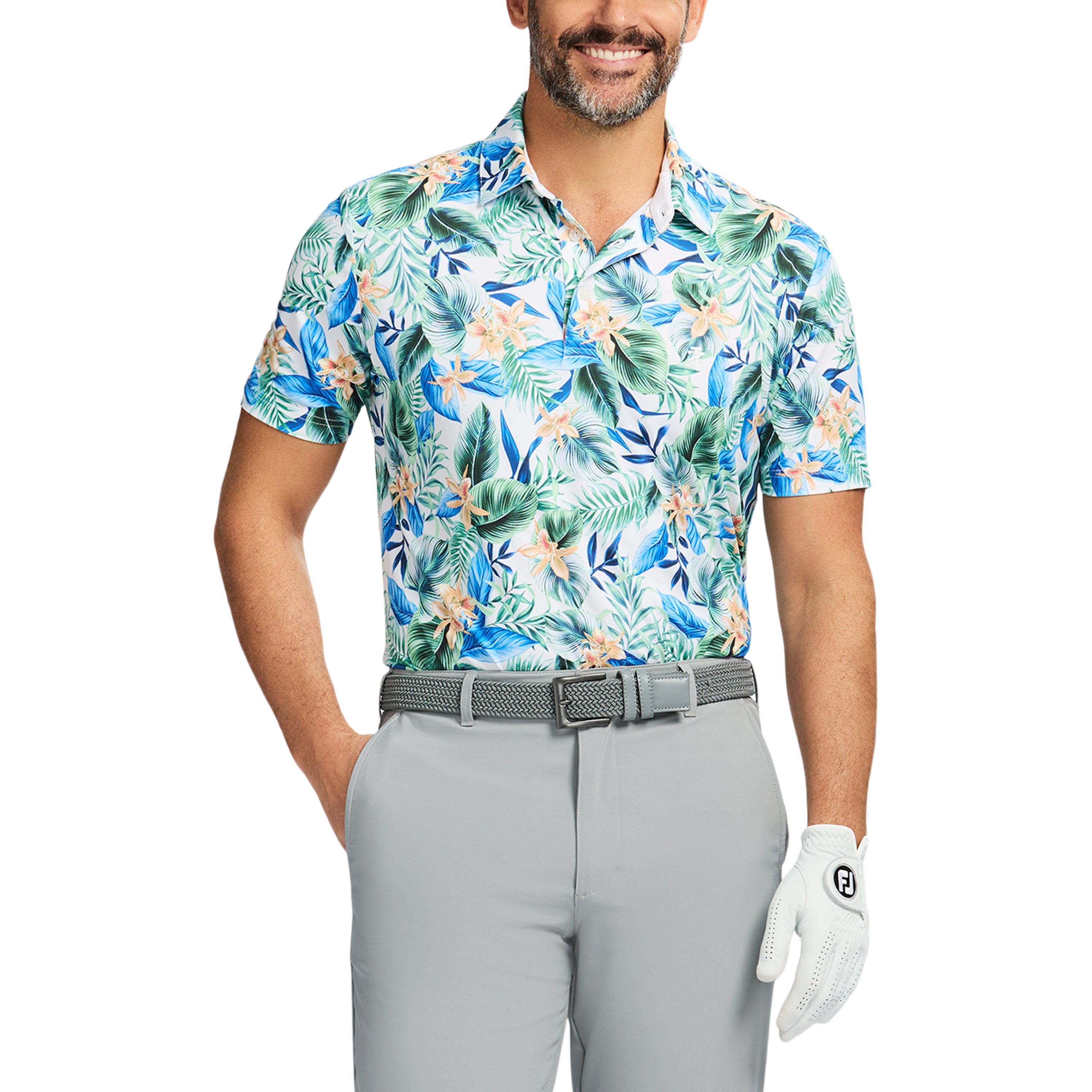 IZOD Mens SwingFlex Elite Tropical Print Short Sleeve Polo Shirt