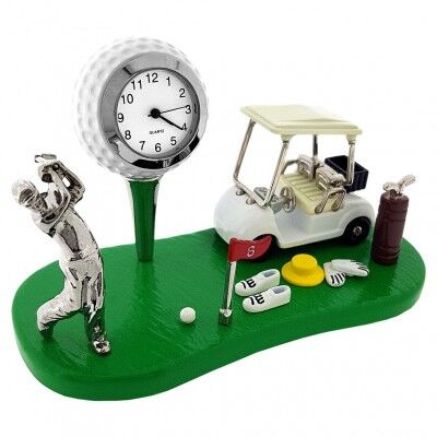 Sanis Enterprises Golf Miniature Scene On Green with Golfer Cart & Gear Mini Clock