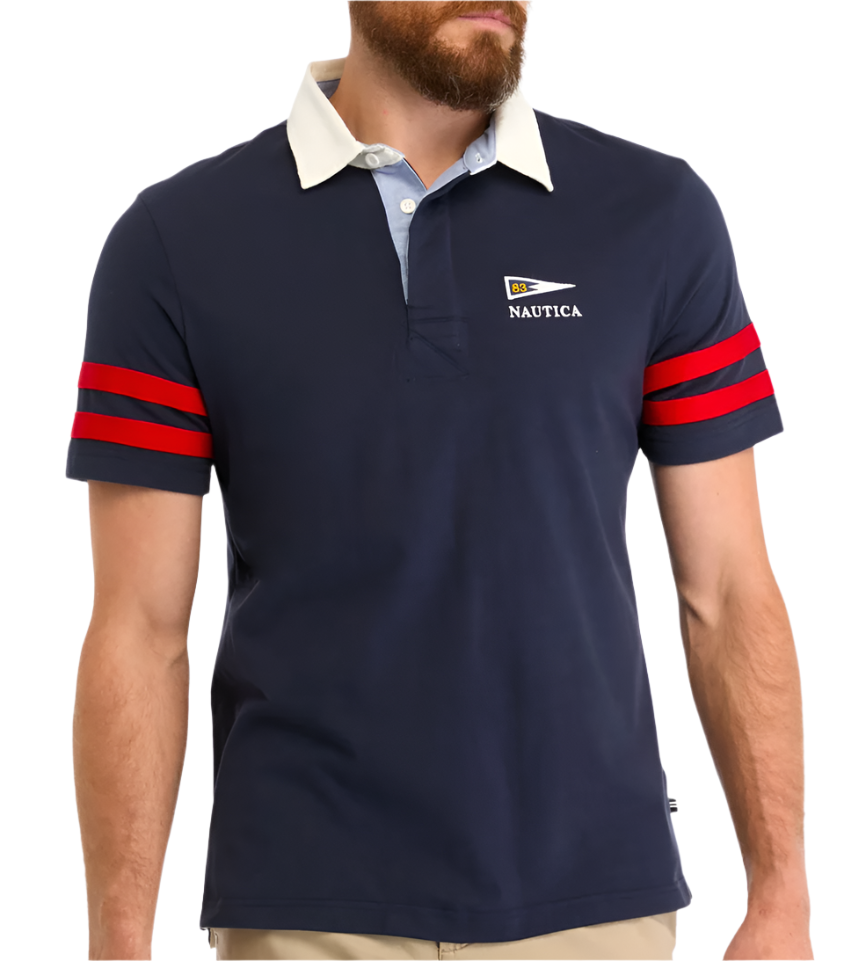 Nautica Mens Classic Fit Striped Rugby Short Sleeve Polo Shirt