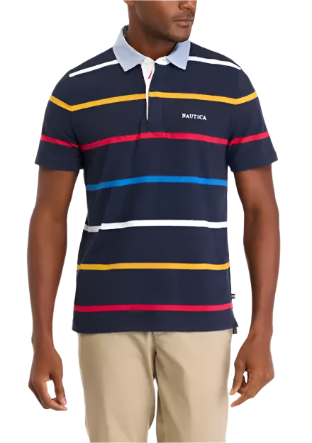 Nautica Mens Classic Fit Striped Rugby Short Sleeve Polo Shirt