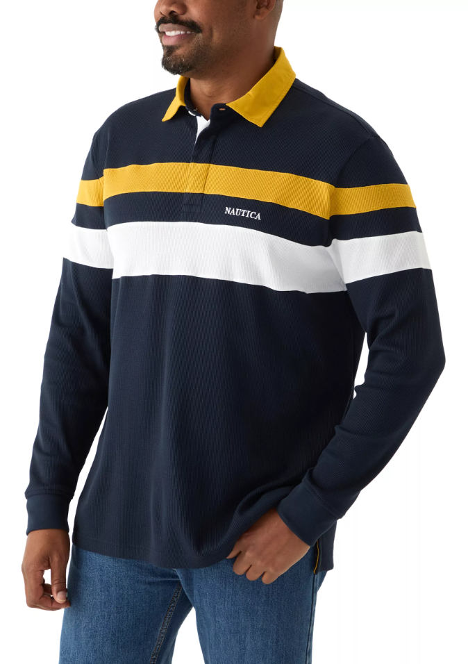 Nautica Mens Waffle Rugby Long Sleeve Polo Shirt