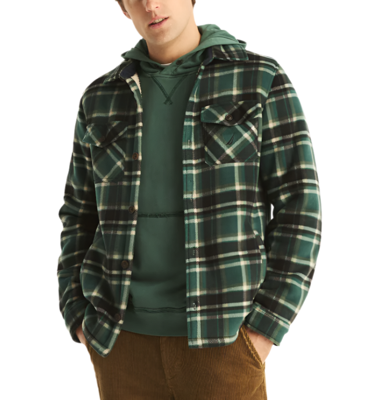 Nautica Mens Plaid Faux Shearling Long Sleeve Shirt