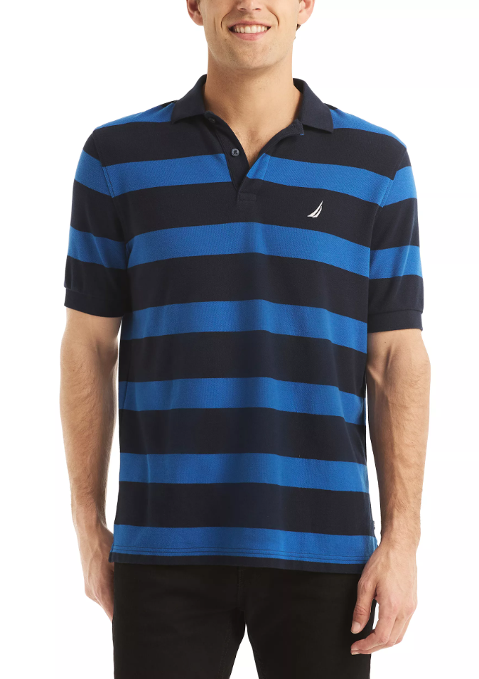 Nautica Mens Sustainably Crafted Birdseye Stripe Deck Short Sleeve Polo Shirt