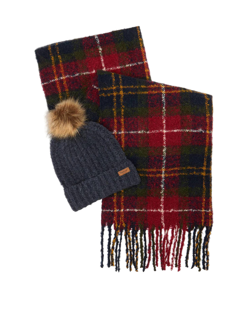Barbour Womens Saltburn Beanie & Tartan Scarf Gift Set