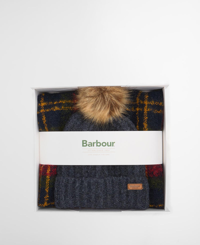 Barbour Womens Saltburn Beanie & Tartan Scarf Gift Set