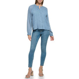 Calvin Klein Womens Smocked Chiffon Long Sleeve Top