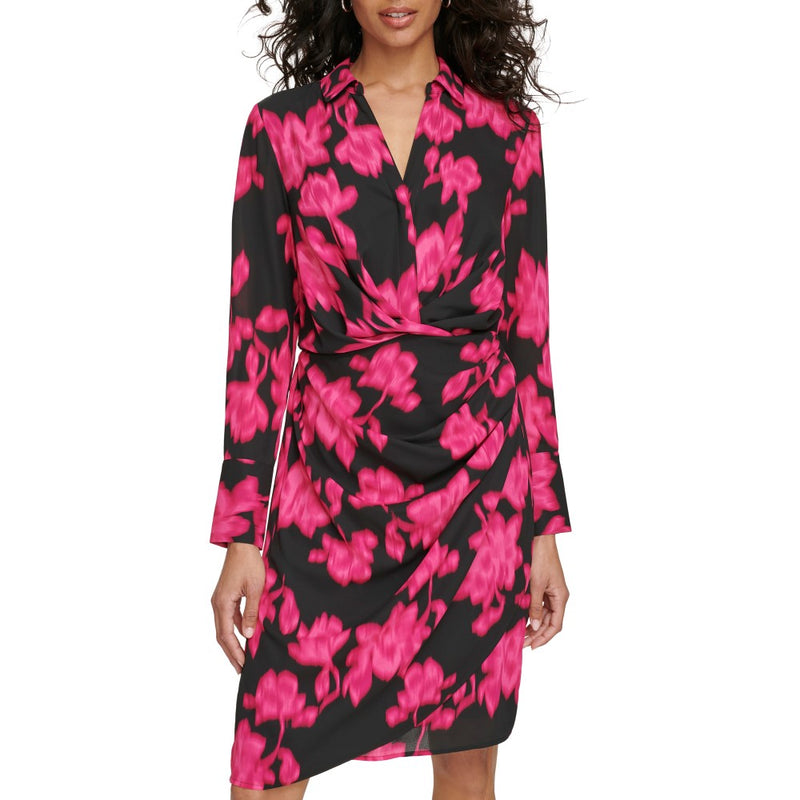 Calvin Klein Womens Print Long Sleeve V-Neck Dress