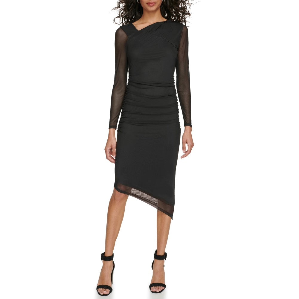 Calvin Klein Womens Mesh Ruched Long Sleeve Dress