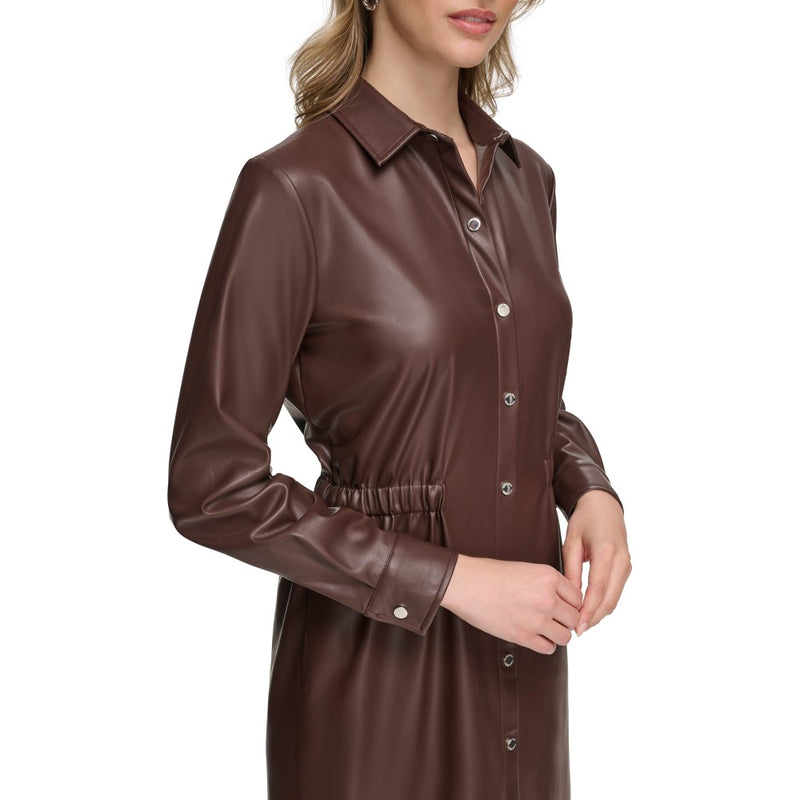 Calvin Klein Womens Faux Leather Long Sleeve Button Dress ShopCGX Calvin Klein Womens Faux Leather Long Sleeve Button Dress ShopCGX
