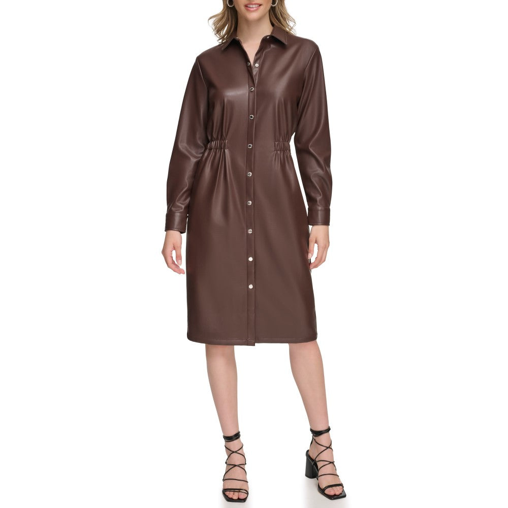 Calvin Klein Womens Faux Leather Long Sleeve Button Dress ShopCGX Calvin Klein Womens Faux Leather Long Sleeve Button Dress ShopCGX